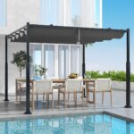 Costway Pergola da esterno 310x310cm con tettoia retrattile colonne metalliche extra-resistenti, Padiglione parasole Grigio - immagine 2