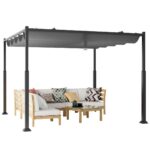 Costway Pergola da esterno 310x310cm con tettoia retrattile colonne metalliche extra-resistenti, Padiglione parasole Grigio - immagine 4