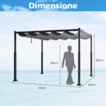 Costway Pergola da esterno 310x310cm con tettoia retrattile colonne metalliche extra-resistenti, Padiglione parasole Grigio - immagine 5