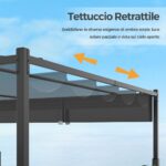 Costway Pergola da esterno 310x310cm con tettoia retrattile colonne metalliche extra-resistenti, Padiglione parasole Grigio - immagine 6