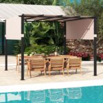 Costway Pergola piatta da 305x305cm con tetto retrattile, Gazebo grill da esterno con 2 coperture parasole a rullo Beige - immagine 5