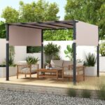 Costway Pergola piatta da 305x305cm con tetto retrattile, Gazebo grill da esterno con 2 coperture parasole a rullo Beige - immagine 2