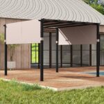 Costway Pergola piatta da 305x305cm con tetto retrattile, Gazebo grill da esterno con 2 coperture parasole a rullo Beige - immagine 3