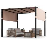 Costway Pergola piatta da 305x305cm con tetto retrattile, Gazebo grill da esterno con 2 coperture parasole a rullo Beige - immagine 4