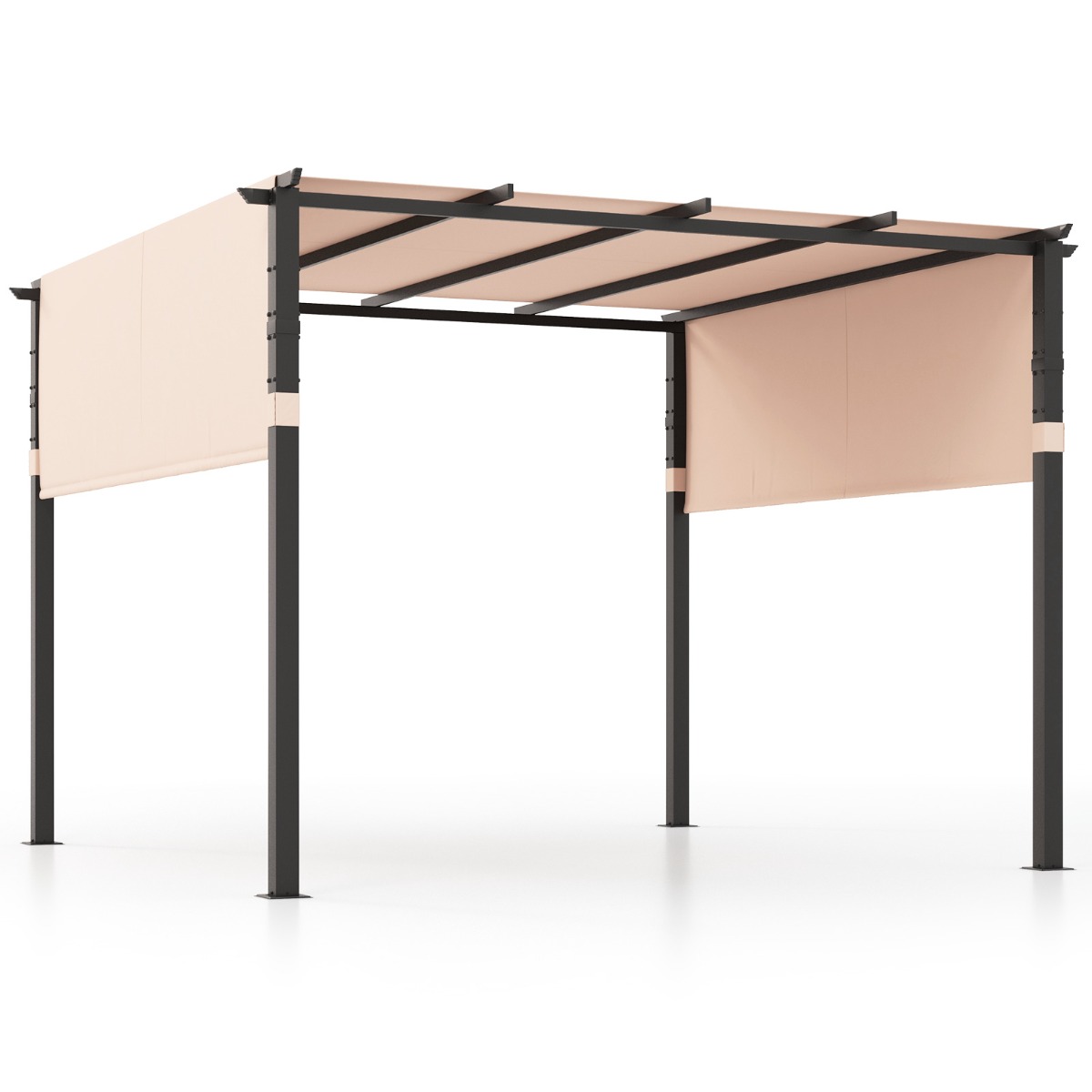 pergola_piatta-np11780be_-_5__1.jpg Costway Pergola piatta da 305x305cm con tetto retrattile, Gazebo grill da esterno con 2 coperture parasole a rullo Beige - immagine 1
