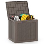 Costway Contenitore per terrazza da 25 galloni con coperchio bloccabile e tessitura in vimini, Scatola di stoccaggio da esterno Marrone - immagine 3