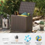 Costway Contenitore per terrazza da 25 galloni con coperchio bloccabile e tessitura in vimini, Scatola di stoccaggio da esterno Marrone - immagine 9