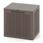Costway Contenitore per terrazza da 25 galloni con coperchio bloccabile e tessitura in vimini, Scatola di stoccaggio da esterno Marrone