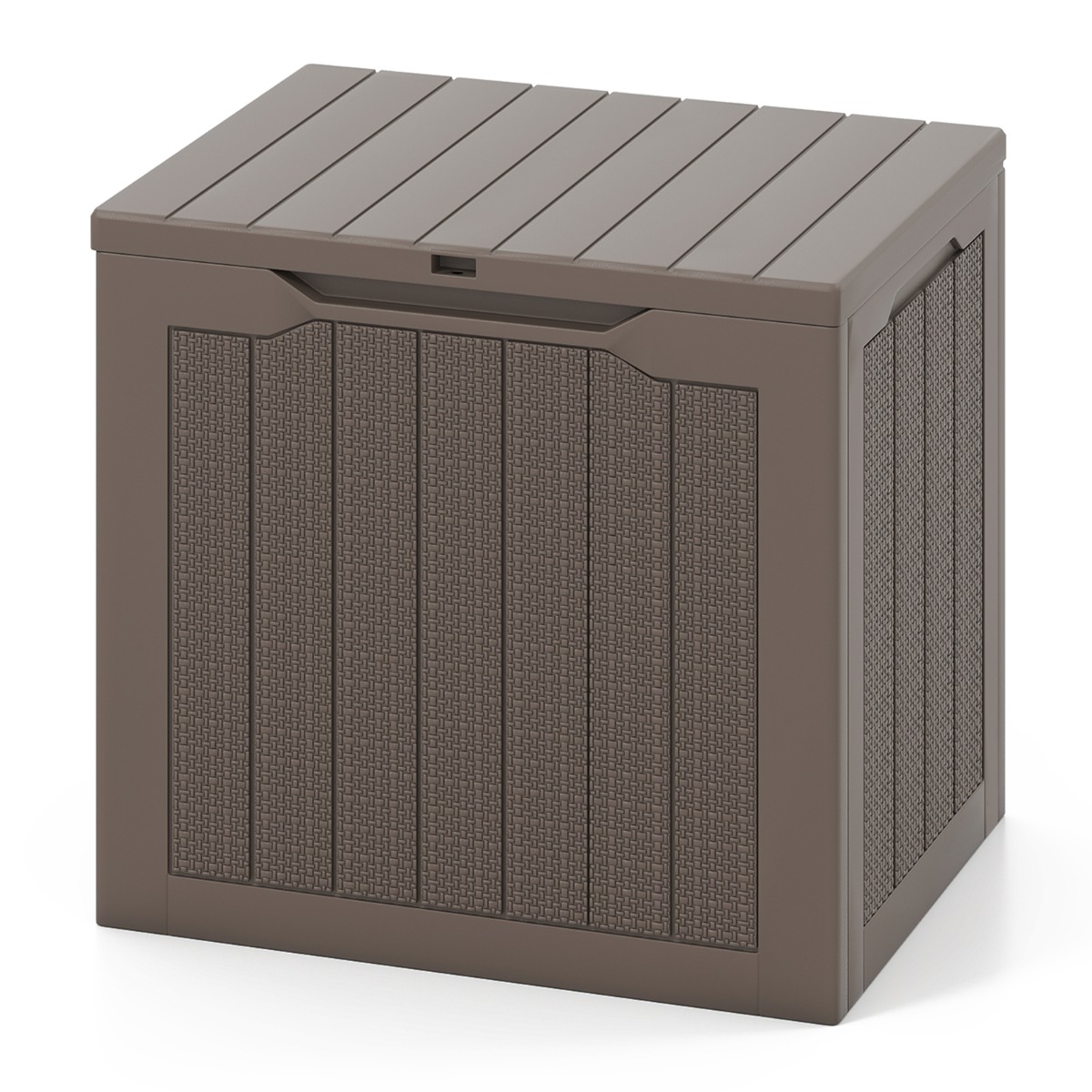 scatola_di_stoccaggio-16371-_6_.jpg Costway Contenitore per terrazza da 25 galloni con coperchio bloccabile e tessitura in vimini, Scatola di stoccaggio da esterno Marrone - immagine 1