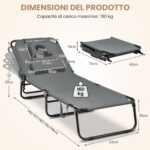 Costway Sedia pieghevole con foro per il viso cuscini rimovibili schienale regolabile in 5 livelli, Sedia a sdraio Grigio - immagine 5