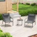 Costway Set da bistrot per esterni 3 pezzi con sedile traspirante, Set da sedia e tavolino in metallo Grigio scuro - immagine 2