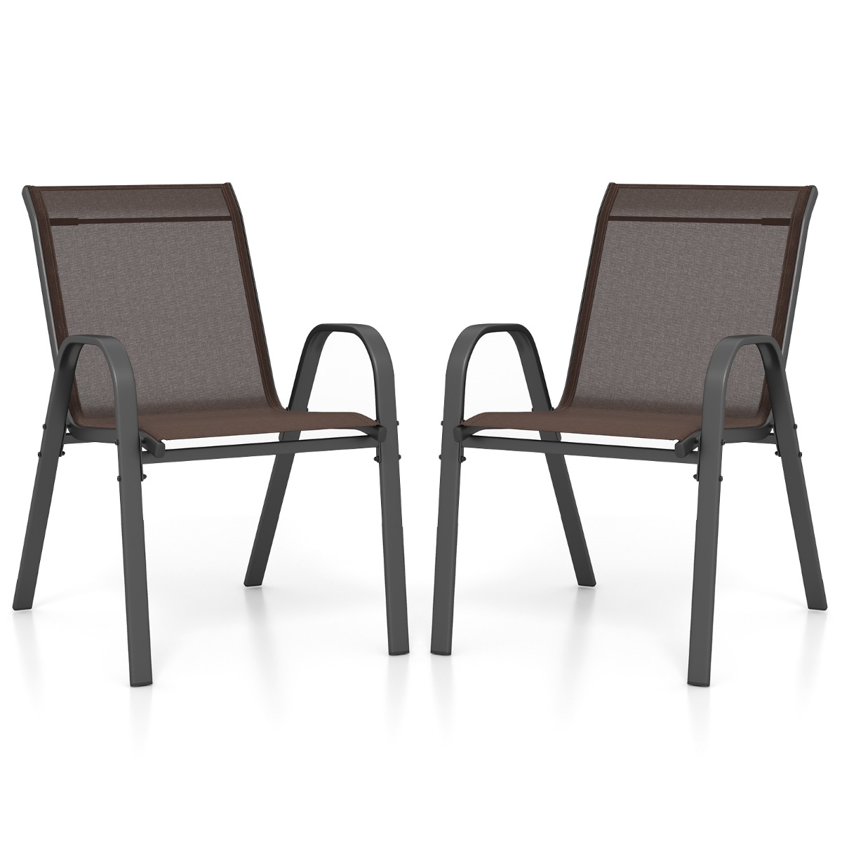 set_di_2_sedie_da_patio-np11595bn-2-_5__1.jpg Costway Set di 2 sedie da patio impilabili in metallo con braccioli, Sedie da pranzo in tessuto traspirante Marrone - immagine 1