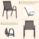 Costway Set di 2 sedie da patio impilabili in metallo con braccioli, Sedie da pranzo in tessuto traspirante Marrone - immagine 9