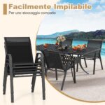 Costway Set di 2 sedie da patio impilabili in metallo con braccioli, Sedie da pranzo in tessuto traspirante Nero - immagine 10