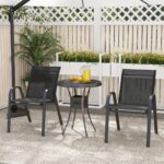 Costway Set di 2 sedie da patio impilabili in metallo con braccioli, Sedie da pranzo in tessuto traspirante Nero - immagine 3