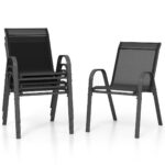 Costway Set di 2 sedie da patio impilabili in metallo con braccioli, Sedie da pranzo in tessuto traspirante Nero - immagine 5
