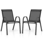 Costway Set di 2 sedie da patio impilabili in metallo con braccioli, Sedie da pranzo in tessuto traspirante Nero