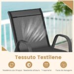 Costway Set di 2 sedie da patio impilabili in metallo con braccioli, Sedie da pranzo in tessuto traspirante Nero - immagine 7