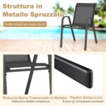 Costway Set di 2 sedie da patio impilabili in metallo con braccioli, Sedie da pranzo in tessuto traspirante Nero - immagine 8