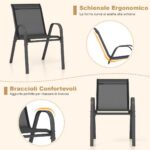 Costway Set di 2 sedie da patio impilabili in metallo con braccioli, Sedie da pranzo in tessuto traspirante Nero - immagine 9