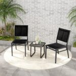 Costway Set di 2 Sedie da pranzo per esterni con seduta e schienale traspiranti telaio in alluminio, Sedie da patio Nero - immagine 2