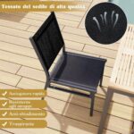 Costway Set di 2 Sedie da pranzo per esterni con seduta e schienale traspiranti telaio in alluminio, Sedie da patio Nero - immagine 6