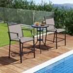 Costway Set di 2 sgabelli da esterno con poggiapiedi braccioli struttura in metallo, Sgabelli da bar per patio Caffè - immagine 2