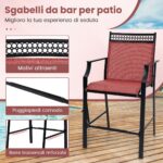 Costway Set di 2 sgabelli da esterno con poggiapiedi braccioli struttura in metallo, Sgabelli da bar per patio Rosso - immagine 10