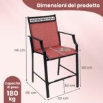 Costway Set di 2 sgabelli da esterno con poggiapiedi braccioli struttura in metallo, Sgabelli da bar per patio Rosso - immagine 6