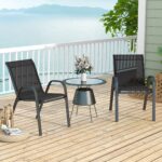 Costway Set di 4 sedie da patio impilabili in metallo con braccioli, Sedie da pranzo in tessuto traspirante Nero - immagine 3
