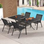 Costway Set di 4 sedie da patio impilabili in metallo con braccioli, Sedie da pranzo in tessuto traspirante Nero - immagine 2