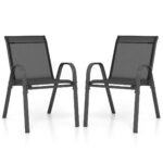Costway Set di 4 sedie da patio impilabili in metallo con braccioli, Sedie da pranzo in tessuto traspirante Nero - immagine 5
