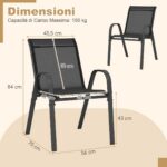Costway Set di 4 sedie da patio impilabili in metallo con braccioli, Sedie da pranzo in tessuto traspirante Nero - immagine 6