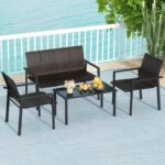 Costway Set di mobili da giardino 4 pezzi, Set di tavolo e sedie in intrecciato di vimini su telaio metallico galvanizzato Marrone - immagine 2