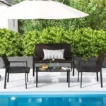 Costway Set di mobili da giardino 4 pezzi, Set di tavolo e sedie in intrecciato di vimini su telaio metallico galvanizzato Marrone - immagine 3