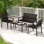 Costway Set di mobili da giardino 4 pezzi, Set di tavolo e sedie in intrecciato di vimini su telaio metallico galvanizzato Marrone - immagine 4