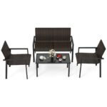 Costway Set di mobili da giardino 4 pezzi, Set di tavolo e sedie in intrecciato di vimini su telaio metallico galvanizzato Marrone - immagine 5