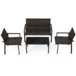 Costway Set di mobili da giardino 4 pezzi, Set di tavolo e sedie in intrecciato di vimini su telaio metallico galvanizzato Marrone