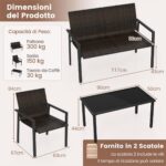 Costway Set di mobili da giardino 4 pezzi, Set di tavolo e sedie in intrecciato di vimini su telaio metallico galvanizzato Marrone - immagine 6