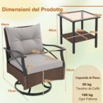 Costway Set di sedie a dondolo girevoli da esterno, Sedie a dondolo imbottite con cuscino e tavolino in vetro temperato Marrone - immagine 6