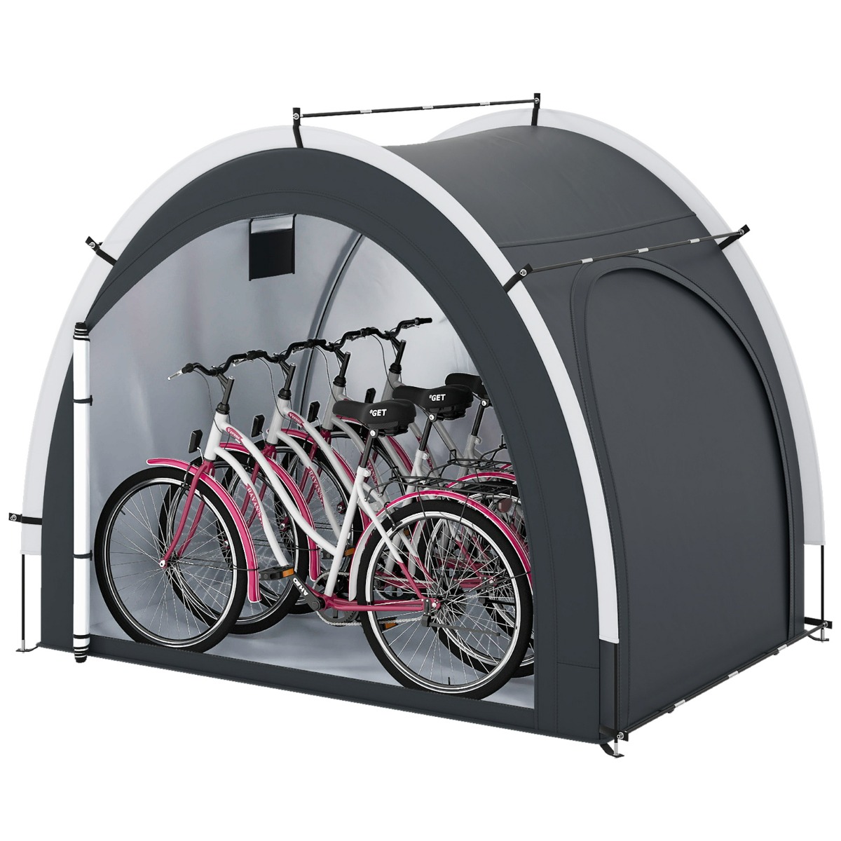 tenda_deposito_biciclette-16983-_4_.jpg Costway Tenda rimessa per biciclette esterna portatile e ingresso laterale, Tenda deposito biciclette con tessuto argento impermeabile Nero - immagine 1