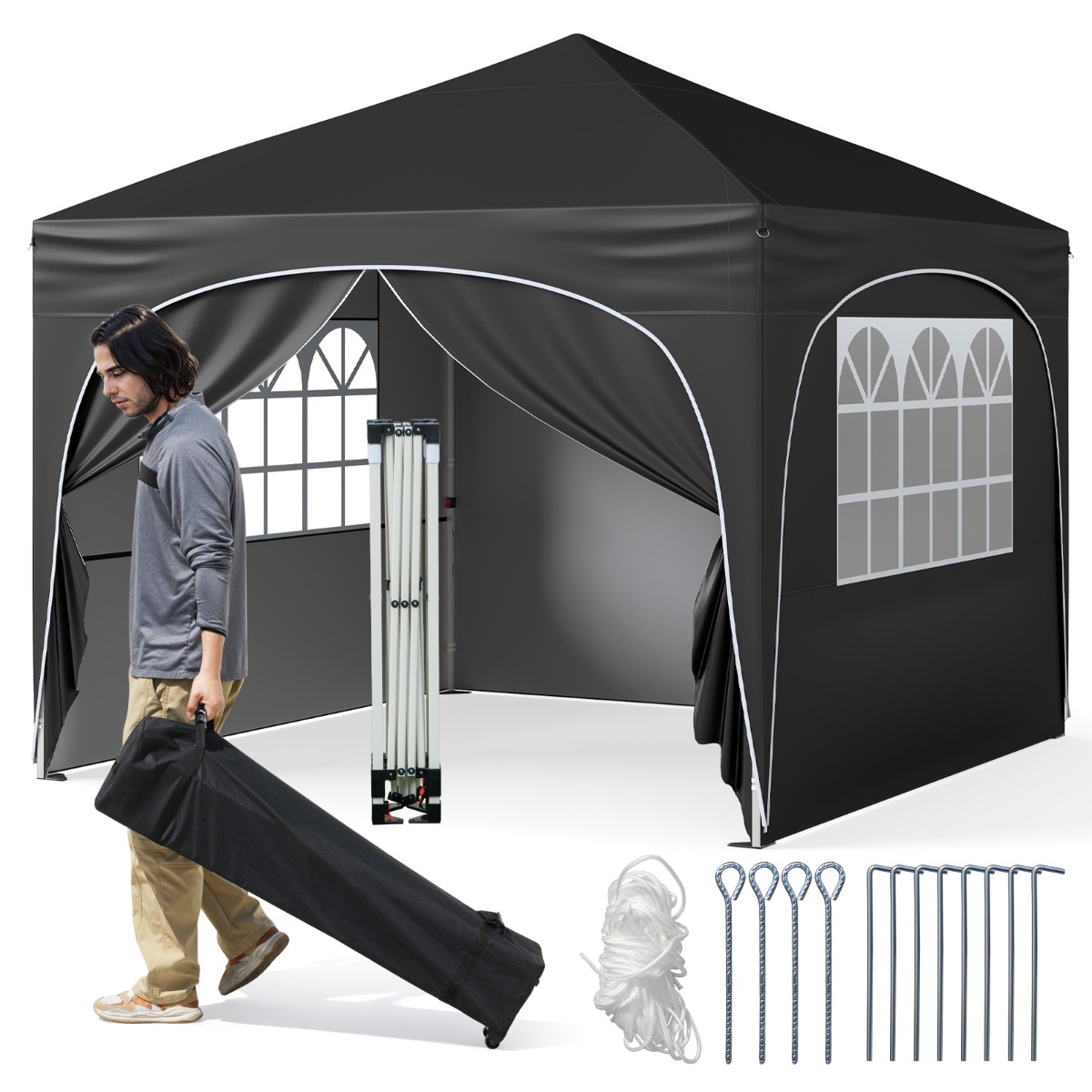 tenda_gazebo-14999_8_.jpg Costway Tenda gazebo richiudibile con 4 pareti rimovibili 3x3 m borsa con ruote, Riparo sole da spiaggia pieghevole Nero - immagine 1