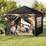 Costway Tenda gazebo richiudibile con 4 pareti rimovibili 3x3 m borsa con ruote, Riparo sole da spiaggia pieghevole Nero - immagine 2