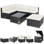 Salotto angolare in polyrattan nero/crema con scatola di cuscini in polyrattan nero