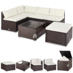 Lounge angolare in polyrattan marrone/crema con scatola di cuscini in polyrattan marrone
