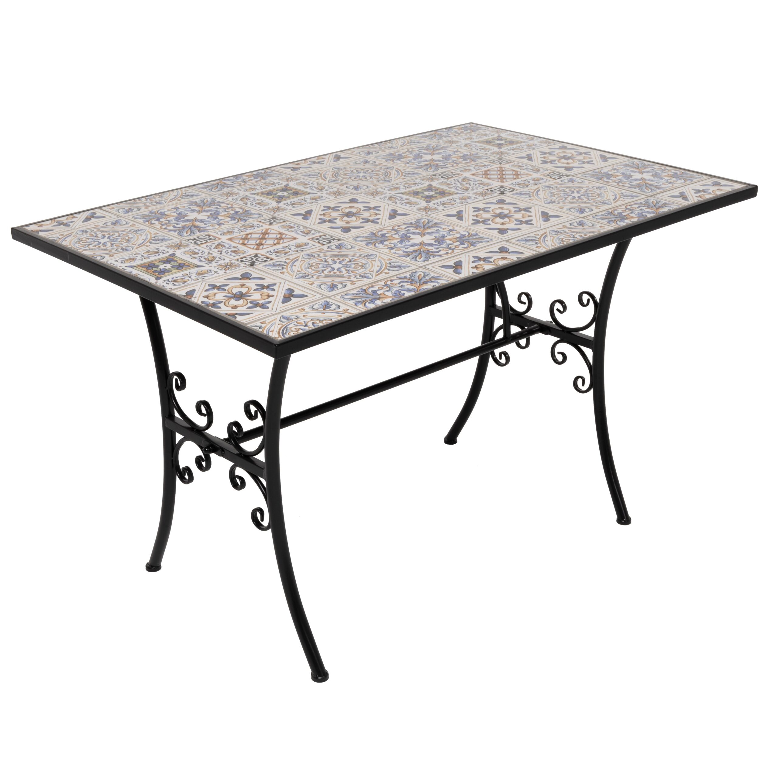 626203_2_eb87ea47-2745-41f9-8b0b-f97133b11375.jpg VESTIAMO CASA - Tavolo Rettangolare in metallo nero con top maioliche Blu - h75x120x80 cm - immagine 1