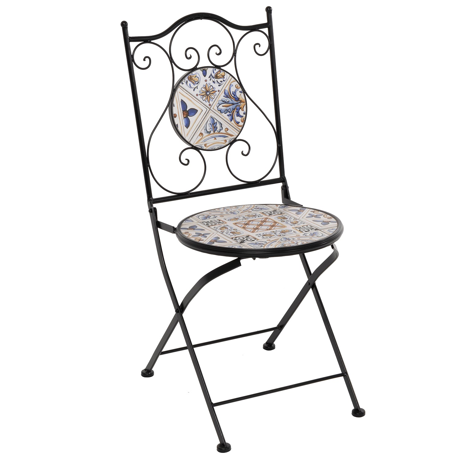 626204_1.jpg VESTIAMO CASA - Sedia Pieghevole in metallo nero con maioliche Blu - h92x38x46 cm - immagine 1