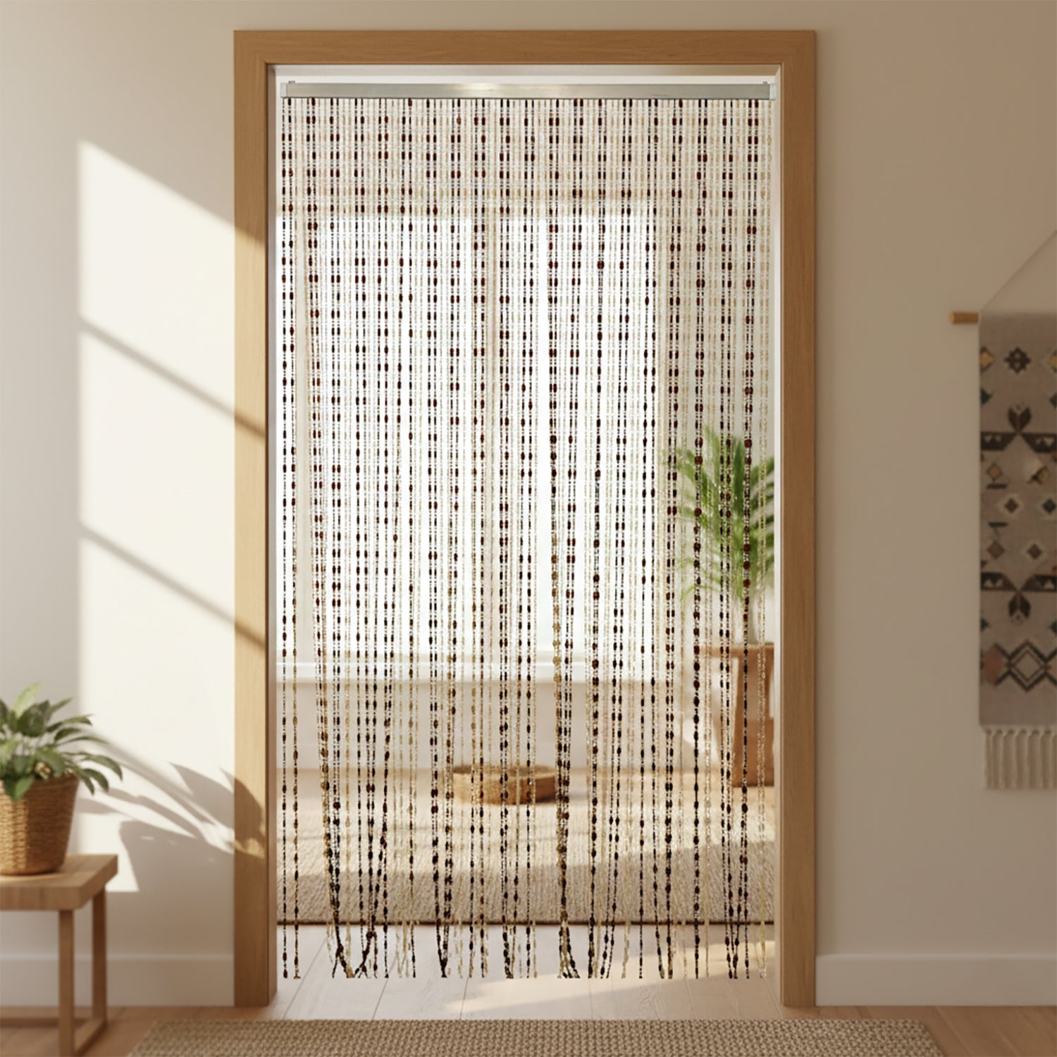653907-01.jpg VESTIAMO CASA GIARDINO - Tenda a Perline con Supporto in Alluminio h220x100 cm - Avana/Marrone (80 Fili) - immagine 1