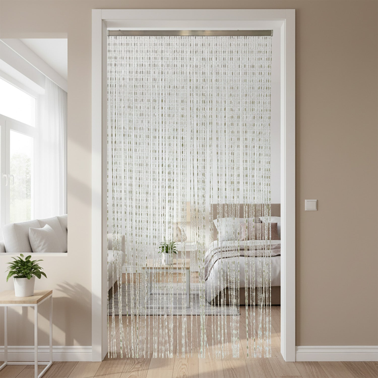 653909-01.jpg VESTIAMO CASA GIARDINO - Tenda a Perline con Supporto in Alluminio h220x100 cm - Ghiaccio/Bianco (80 Fili) - immagine 1