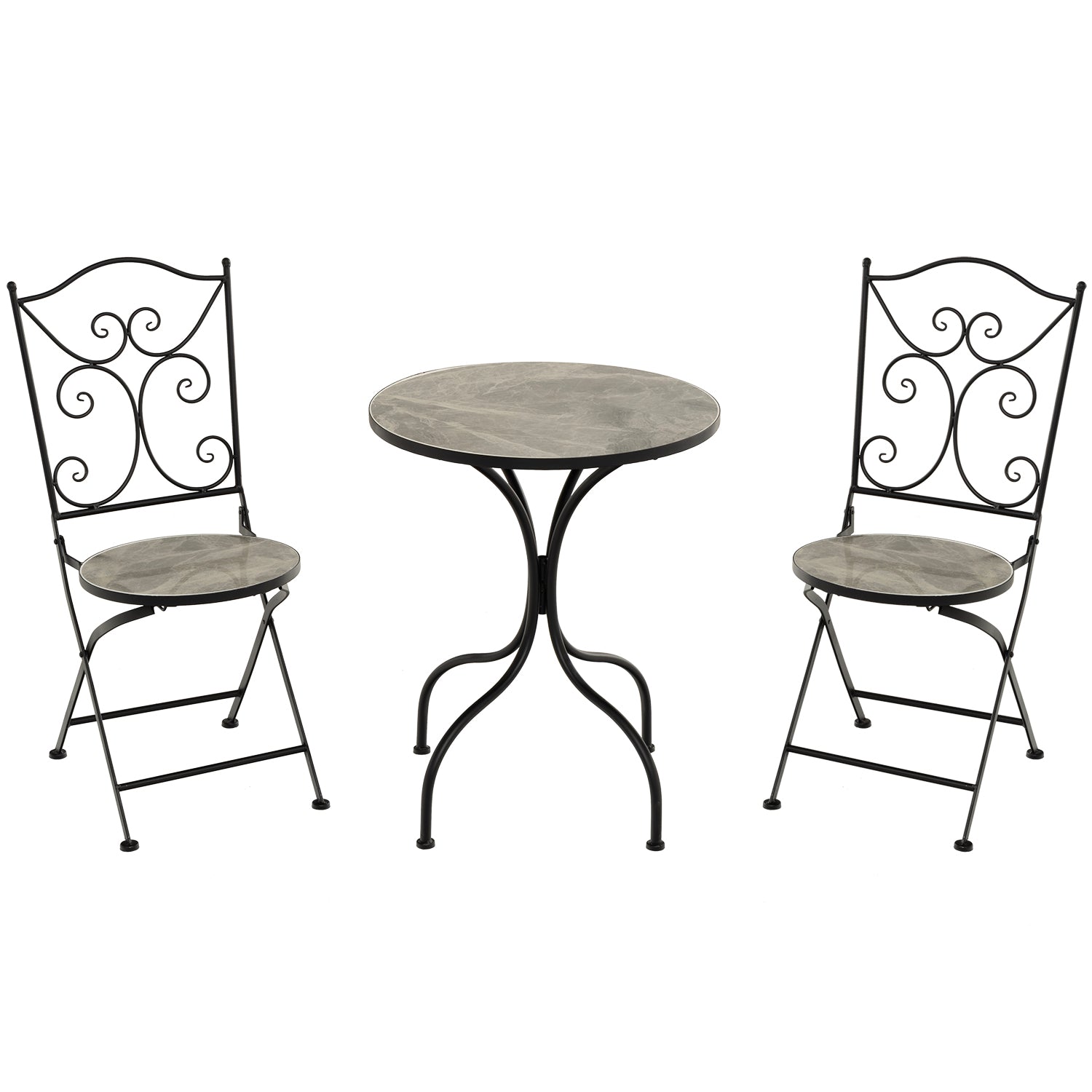 690921_1.jpg VESTIAMO CASA GIARDINO - Set giardino Bistrot tavolo rotondo 60 cm e 2 sedie in metallo Nero e Top in ceramica Effetto Marmo Grigio - immagine 1